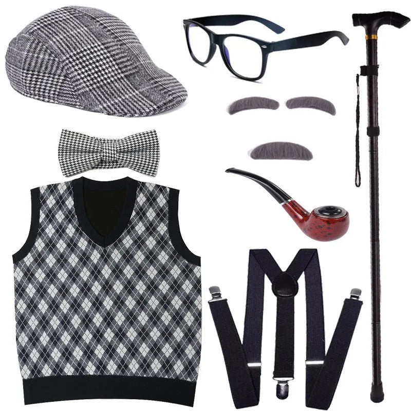 Halloween Children's Day Kids 100 Days Of School Costume For Boy Grandpa Vest Wig And Beard Granny Dress Up Props Carnival Party