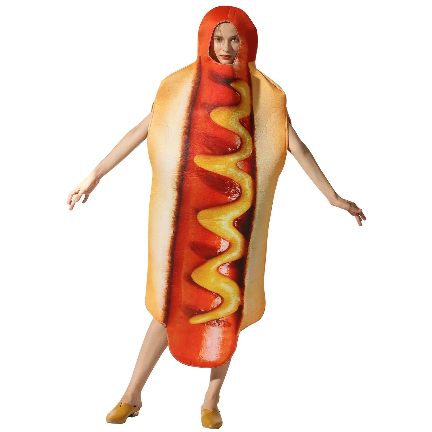 Halloween party costume, hot dog cosplay attire, stage performance outfit, one-piece dress, performance outfit