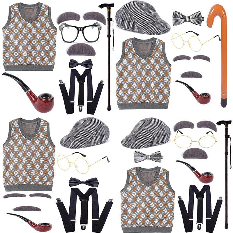 Halloween Children's Day Kids 100 Days Of School Costume For Boy Grandpa Vest Wig And Beard Granny Dress Up Props Carnival Party