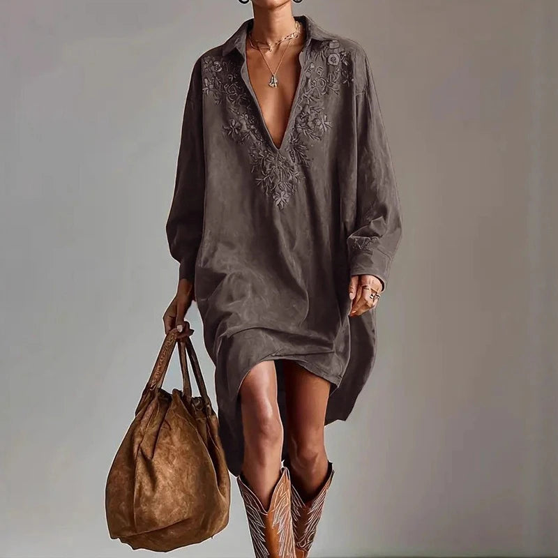 Spring Women Lapel V Neck Party Dress, Holiday Long Sleeve Retro Patchwork Midi Dress, 2026 Elegant Emboidered Ladies Dresses