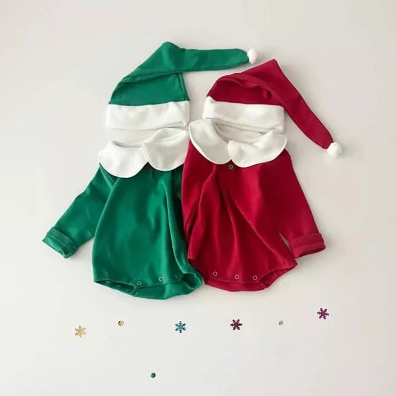 Unisex Baby Cute Triangle Romper with Hat for Christmas Boys  Lapel Collar Long-Sleeve Onesie Girls Comfortable New Year