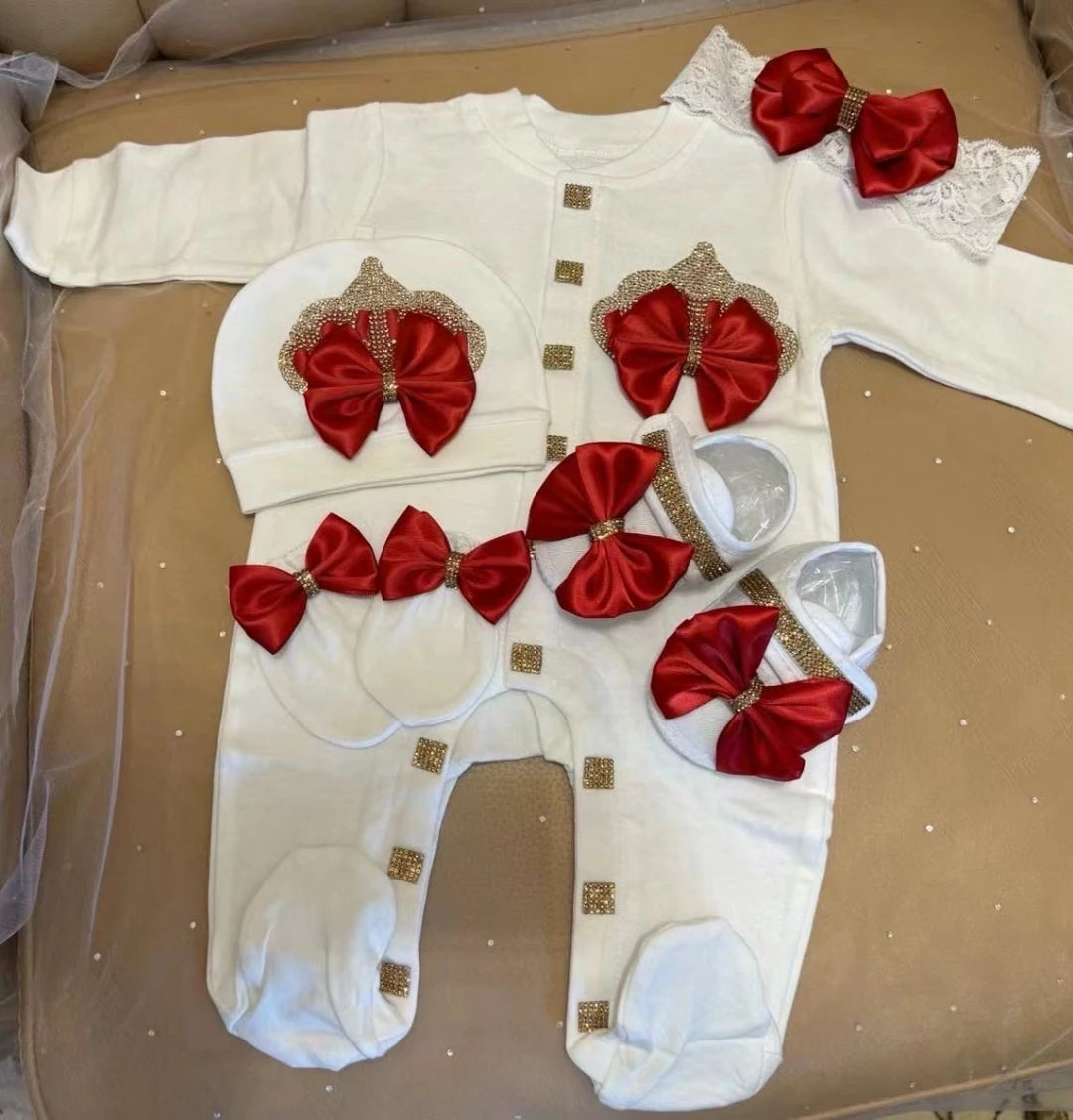 Dollbling Baptism Outfit Boy Prince Luxury Bling Christening Coming Home Romper Bonnet Set Mittens Nursery Hospital Clothing set