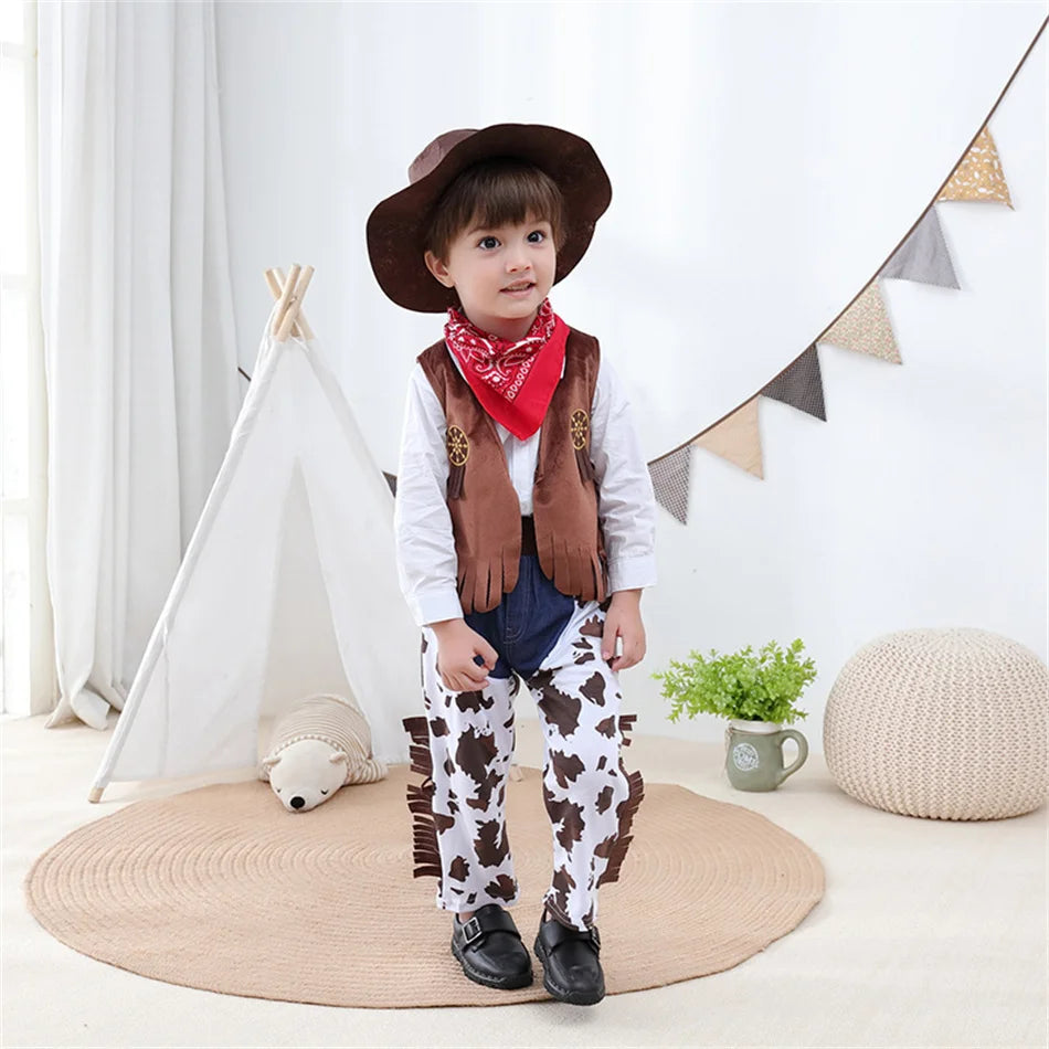 Kids Cowboy Cosplay Event Festival Outfits Boys Holiday Vest Pants Hat Set Children Carnival Birthday Xmas Party Costume 6M-12Y
