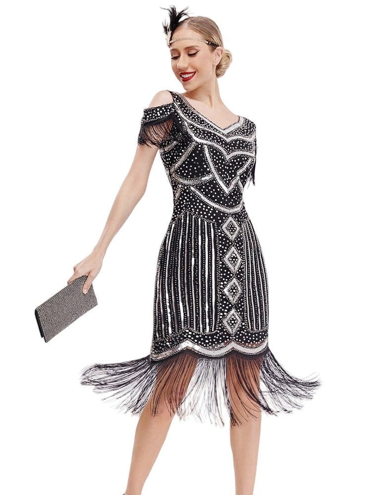 Women Fringe 1920s Flapper Dress 20s Gatsby Themed Party Dress Vintage V-neck Off Shoulder Sequin Beaded Cocktail Dress