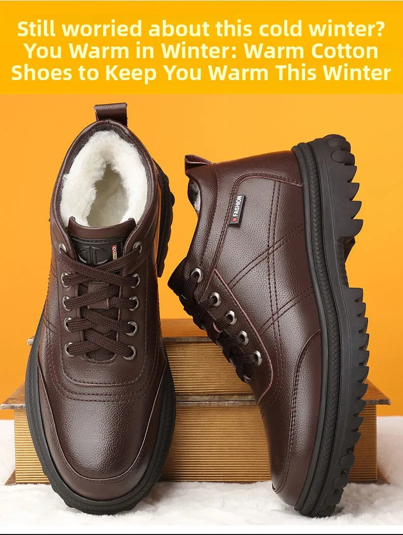 Men's Winter Thickened Warmth Casual Shoes Fleece Lined Business Style Leather Shoes Low Top Lace up Comfortable Alligator Pa...