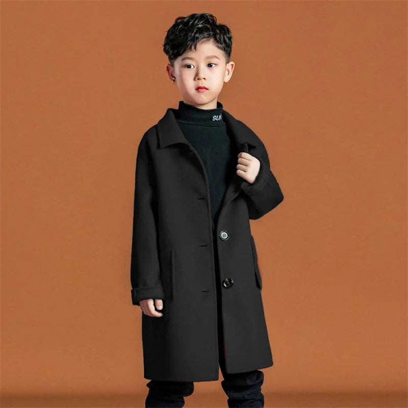 Boys Woolen Coat Overcoat Jacket Windbreak 2024 Red Warm Plus Thicken Autumn Winter Cotton School Children's Clothing