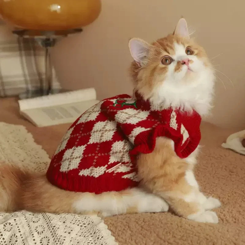Winter Dog Knit Sweater Soft Dog Clothes Cute Plaid Puppy Sweater Cherry Print Cat Pullovers Pet Warm Turtleneck Poodle Apparel