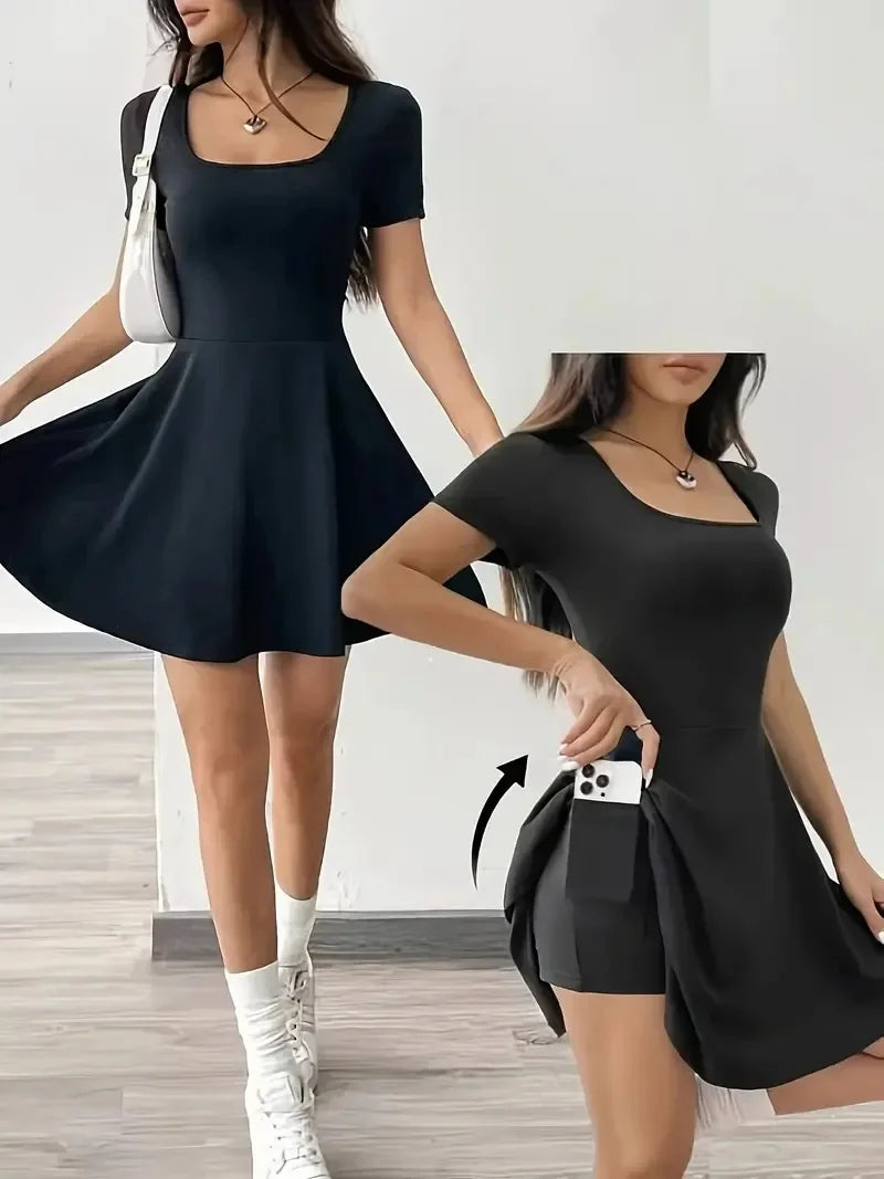Summer 2025 Brown Knitted Short Casual Dress Mini Skirt Length Polyester Fiber Square Collar Empire Waistline Regular Sleeve