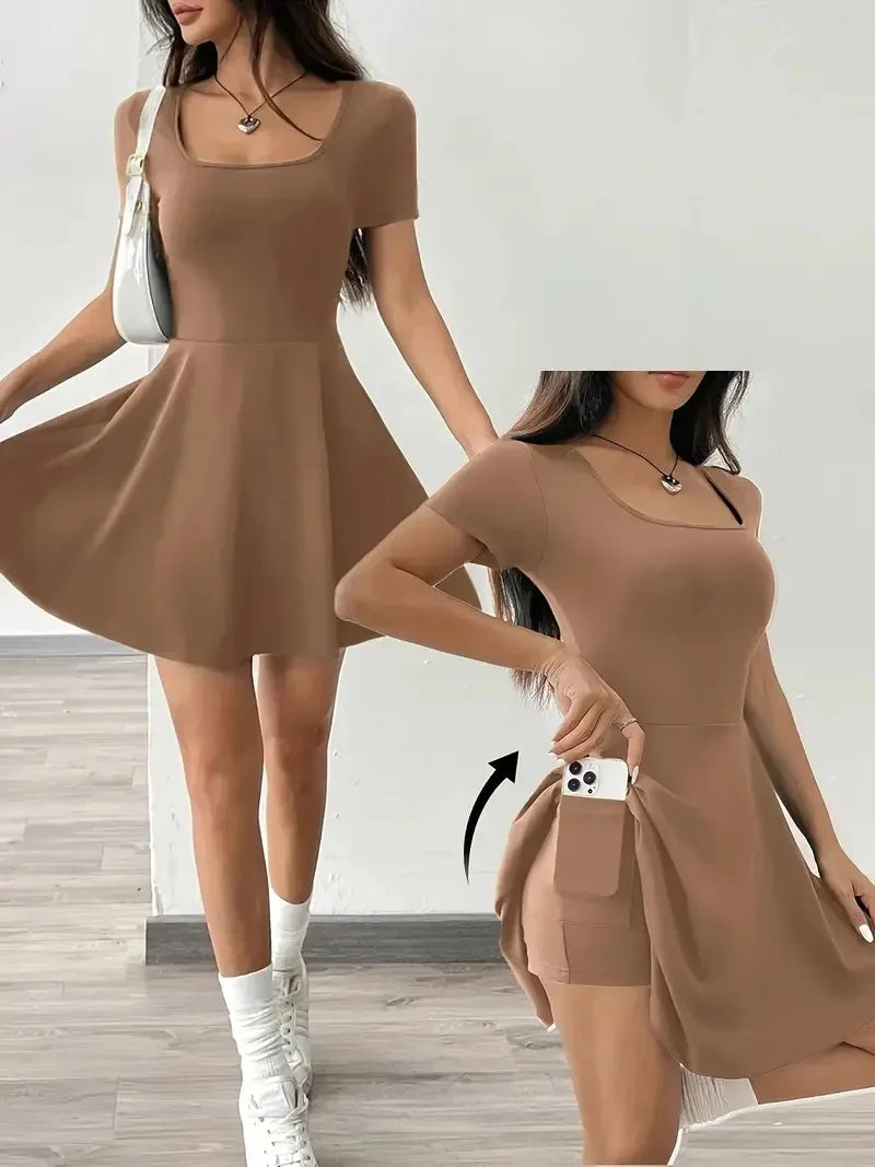 Summer 2025 Brown Knitted Short Casual Dress Mini Skirt Length Polyester Fiber Square Collar Empire Waistline Regular Sleeve