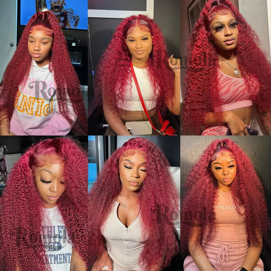 200 Density 13x4 Curly 99J Burgundy Lace Front Wig Red Wine Colored 30 40 Inch Deep Wave 13x6 HD Lace Frontal Human Hair Wigs