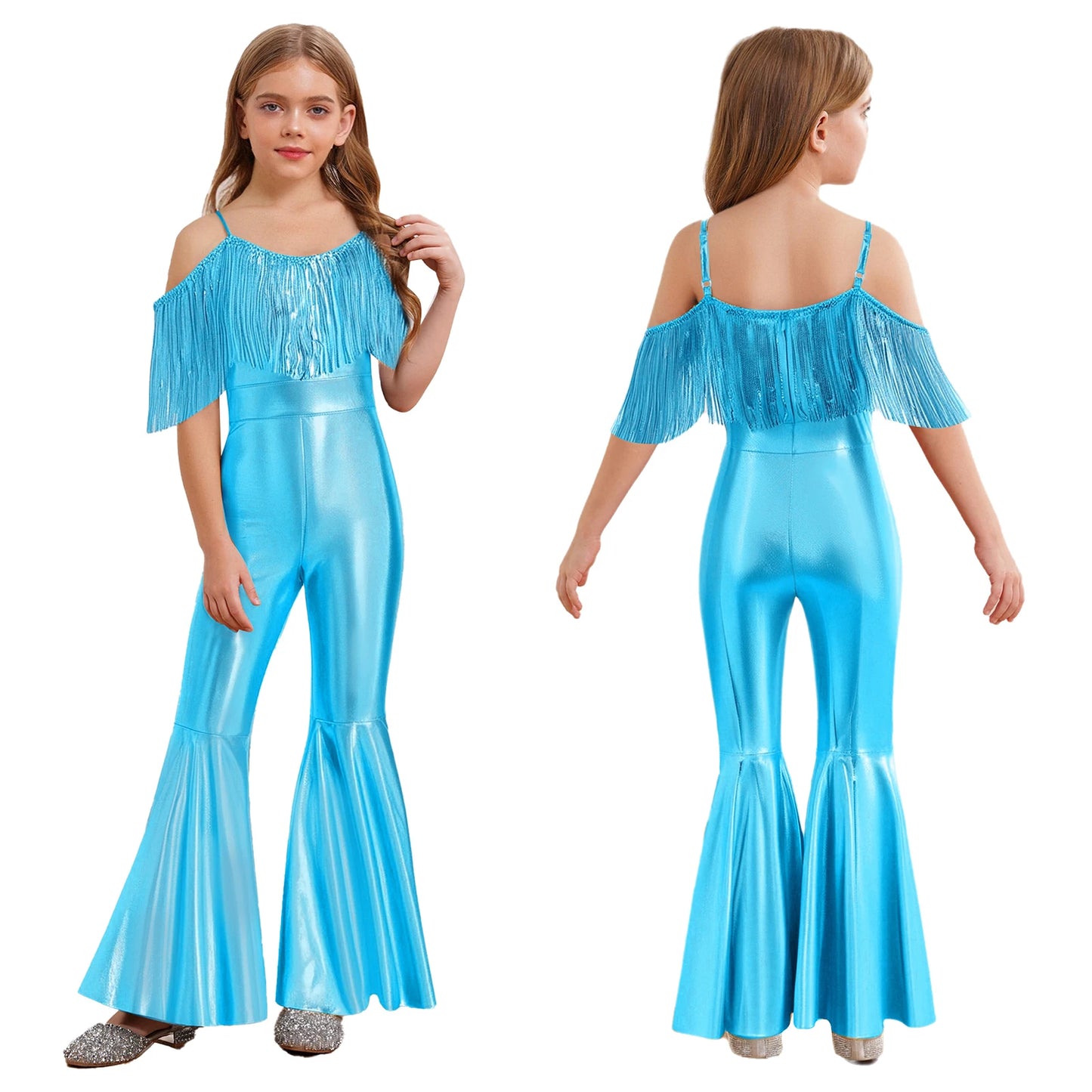 Shiny Halloween Hippie Costume for Kid Girls Sleeveless Sequins Tassels Disco Outfit 70s 80s Prom Flare Jumpsuit Party Costume