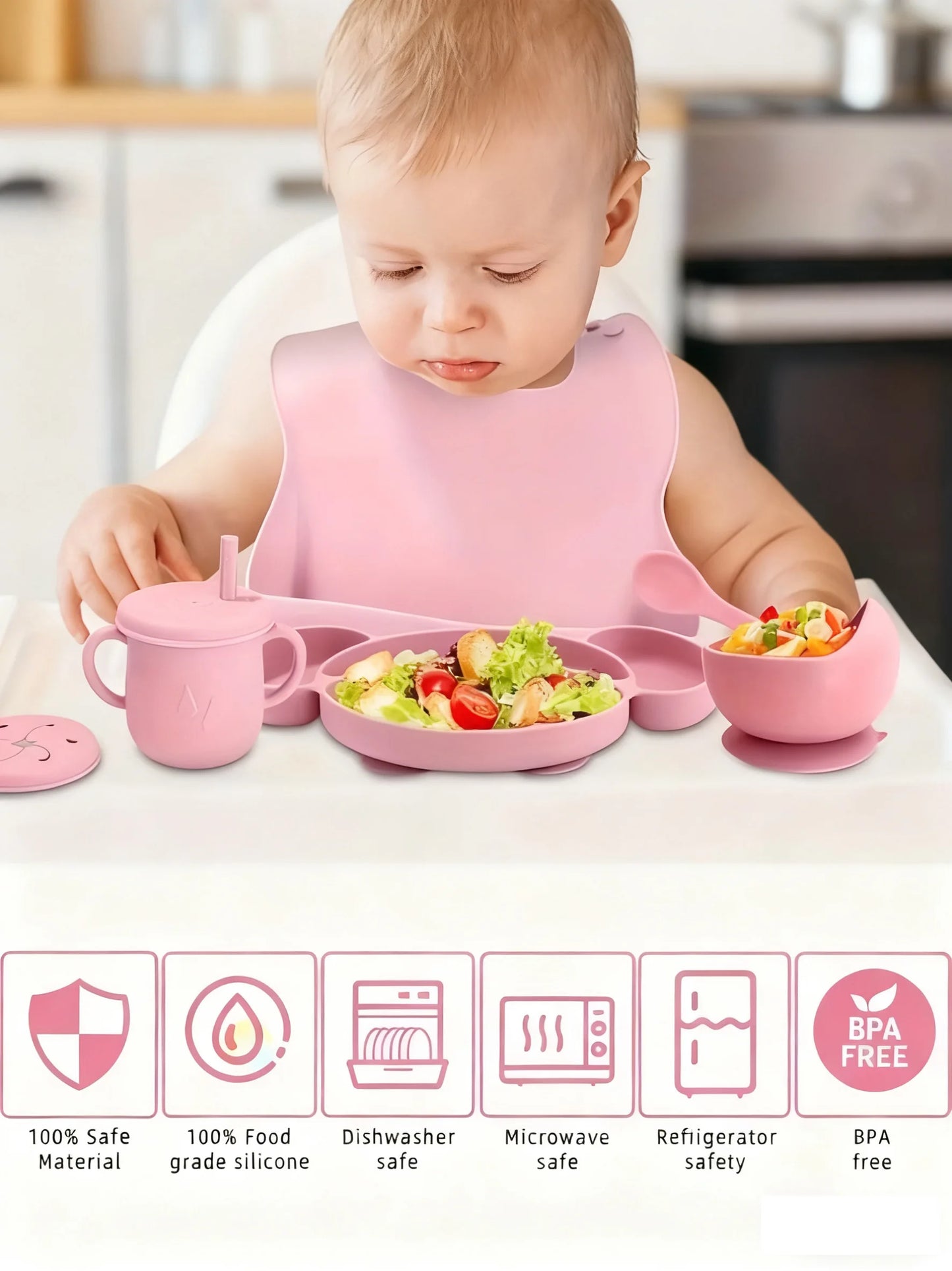 9-piece silicone feeding tableware set for babies and mothers, specially designed for babies to learn to eat