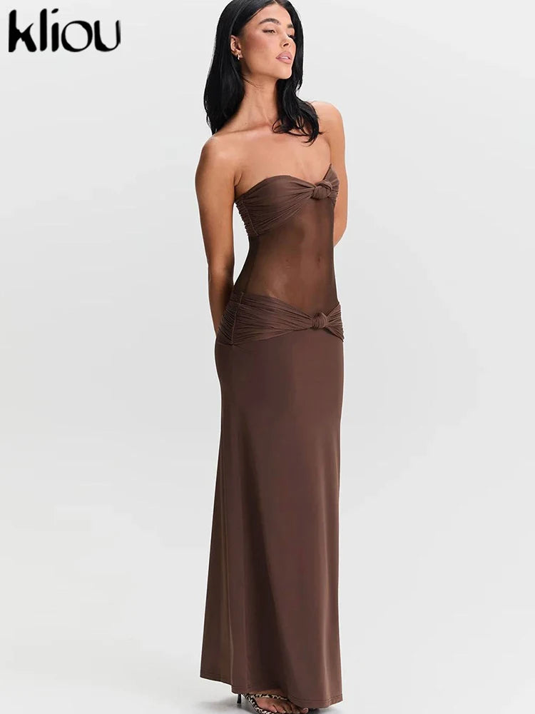 kliou Mesh Suspendency Women Maxi Dress Sexy See Through Tied Patchwork Low Neck Backless Bodycon Female Fashion Party Vestidos