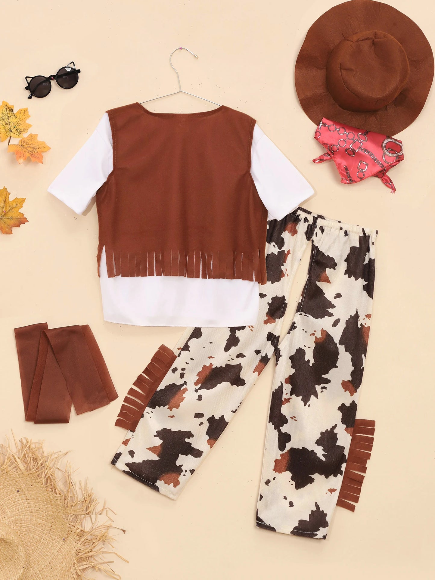 6Pcs Boys Western Cowboy Bandanna Halloween Cosplay Costume Dress Up T-shirt with Pants Vest Hat Bandana And Waistband Set