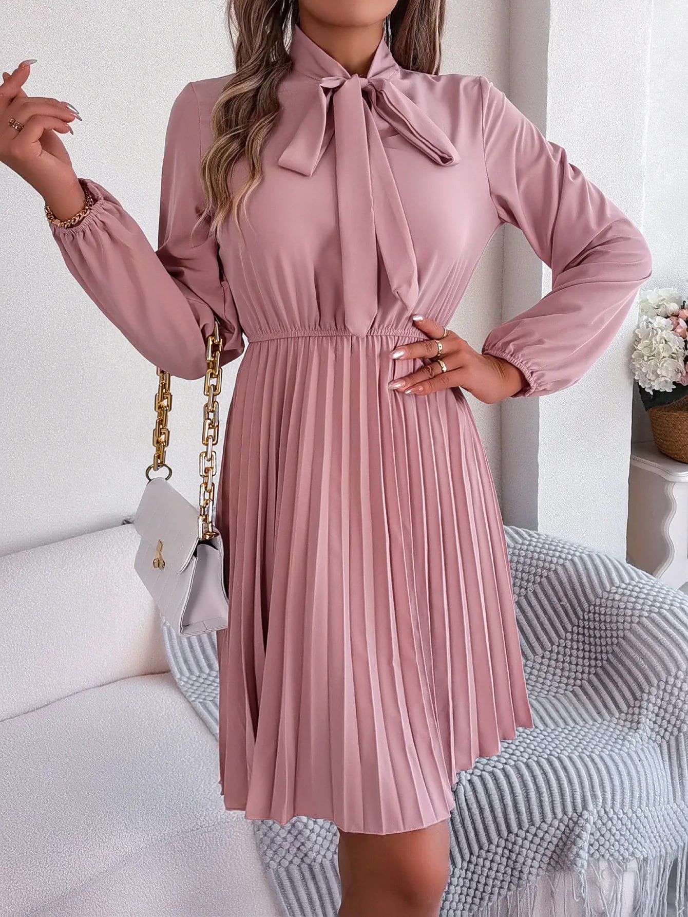 Women Fall Vacation Elegance V Neck Solid Tie Waist Ruffle Hem Pleated Midi Dress Long Sleeve Wedding Dress