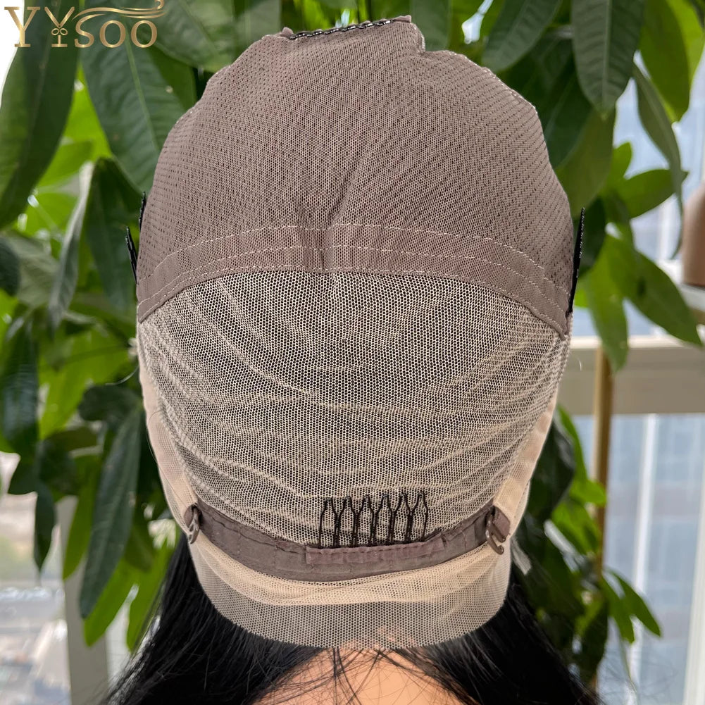 YYsoo 1# Long Silky Straight Dark Black Synthetic Full Lace Wigs for Women Heat Resistant Japan Futura Hair All Hand Tied Wig