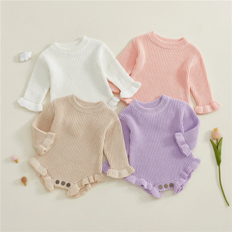 Baby Clothing Autumn  Rompers Cotton Knit Girl Romper Long Sleeve Ruffle Trim Infant Jumpsuit Overalls Newborn Clothes
