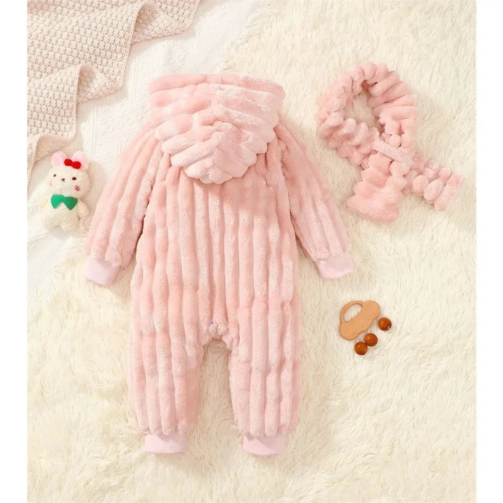 Baby girl Jumpsuit Cute Cartoon  Plush Hooded Winter keep Warm Jumpsuit+Scarf 2pcs 0-24 Months Newborn Cold Resistant Clothing