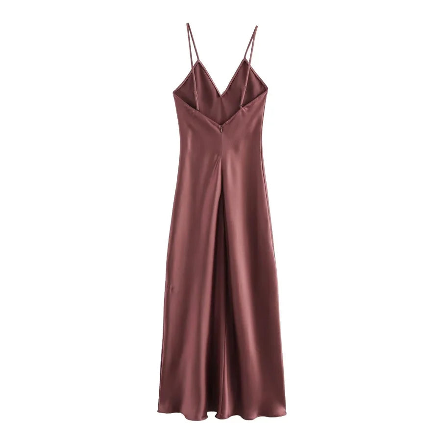 2025 New Elegant women's fashion silk satin texture MIDI dress sexy backless party slip dress