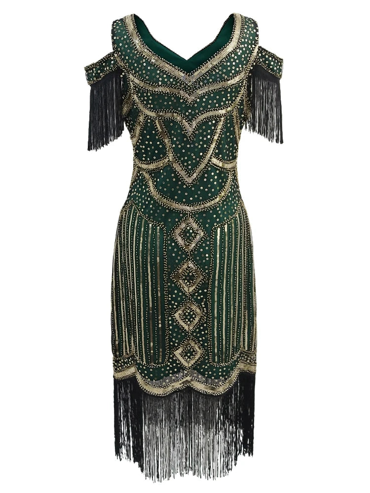 Women Fringe 1920s Flapper Dress 20s Gatsby Themed Party Dress Vintage V-neck Off Shoulder Sequin Beaded Cocktail Dress