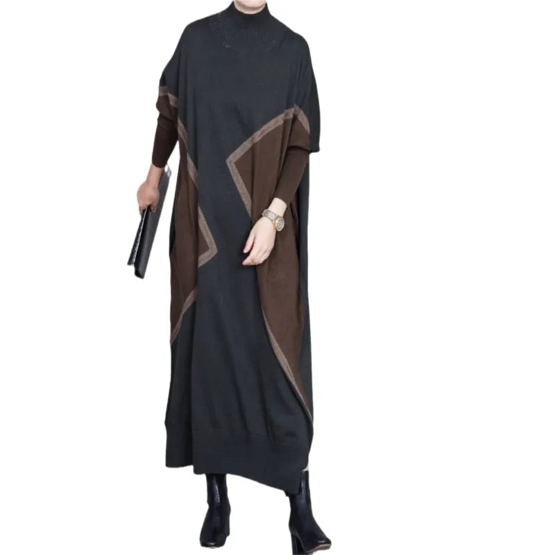 Johnature 2025 Woman Autumn New Fashion Mock Neck Loose Long Sleeves Dress Chinese Style Contrast Batwing Sleeve Casual Dress