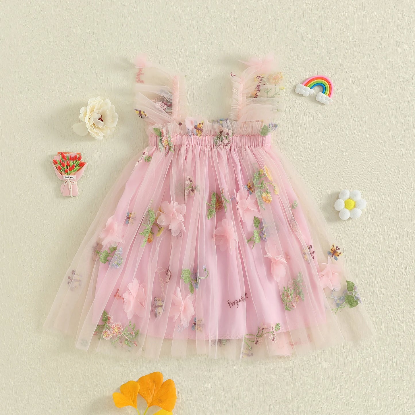 Baby Girl Square Neck Floral Embroidery Lovely Dress Kid Princess Lovely Dress Ruffle Sleeveless Toddler Party Dress Clothes