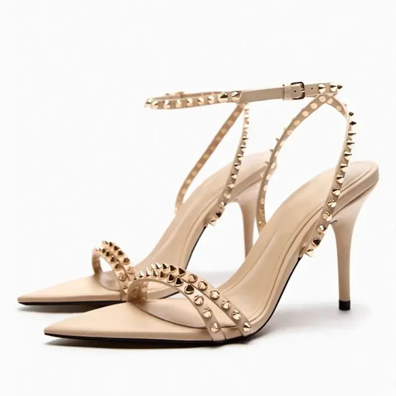 Luxury Designer Rivet Embellished Thin Heeled Sandals Women Summer Sexy Pointed Toe Ankle Strap High Heels Elegant Party Shoes