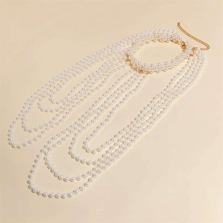Bridal Tassel Imitation Pearl Shoulder Chain Necklace for Women Elegant Shawl Wedding Jewelry Accessories Gift
