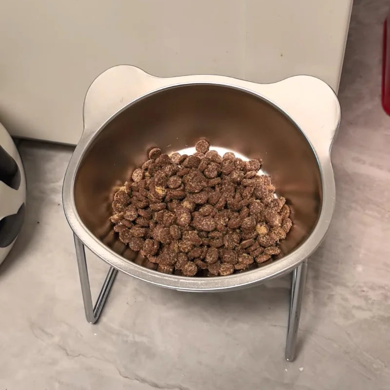 Premium 304 Stainless Steel Raised Cat Bowl with 15° Tilt Neck Guard Shatterproof Healthy Feeding for Senior Cats Kitten Puppy