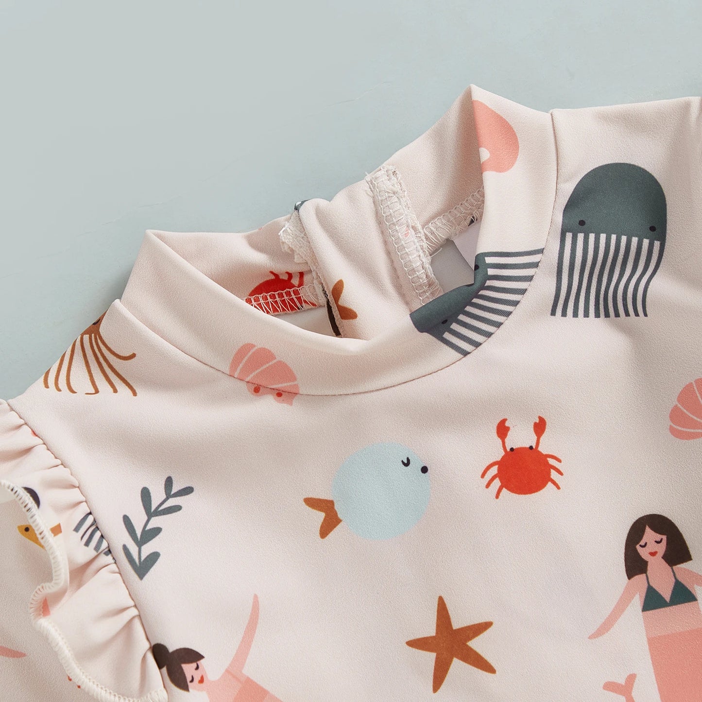 MISOWMNJOY Cute Baby Girls Long Sleeve Swimsuit Beachwear Ocean Elements Print Ruffle Toddler Infant Bathing Suit Swimwear