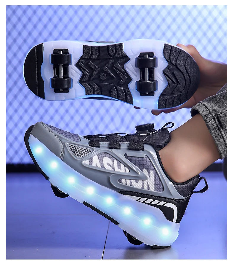 Children's Roller Skate Shoes 4-Wheels Removable Wheeled Rolling Shoes for Kids with LED Light Inline Skate Sneaker