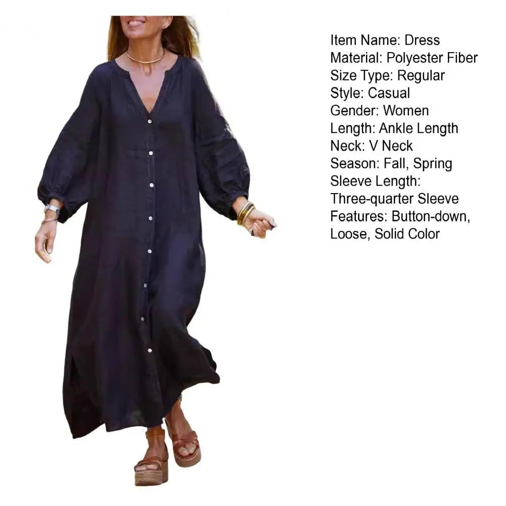 Spring Autumn Women Long Dress Loose Button-down 3/4 Sleeves Maxi Dress Pure Color V Neck Cardigan Casual Dress For Daily Wear