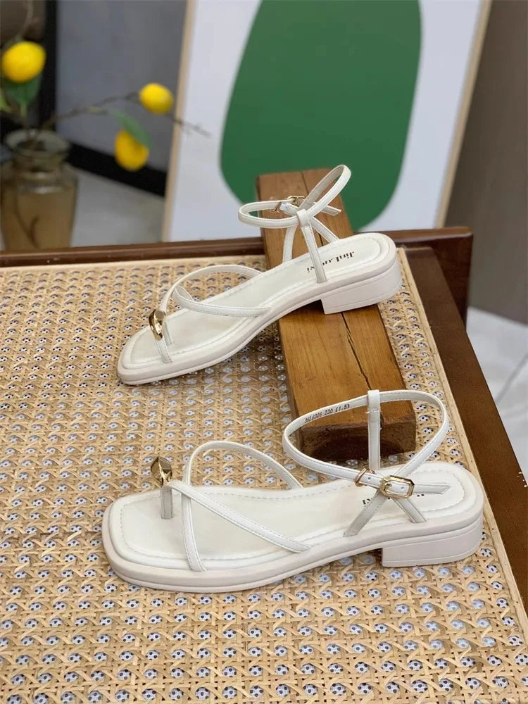 Sandals Women 2024 Summer New Fashion Square Toe Roman Shoes Simple Fairy Strap Women Shoes Flat Casual Shoe Sandalias De Mujer