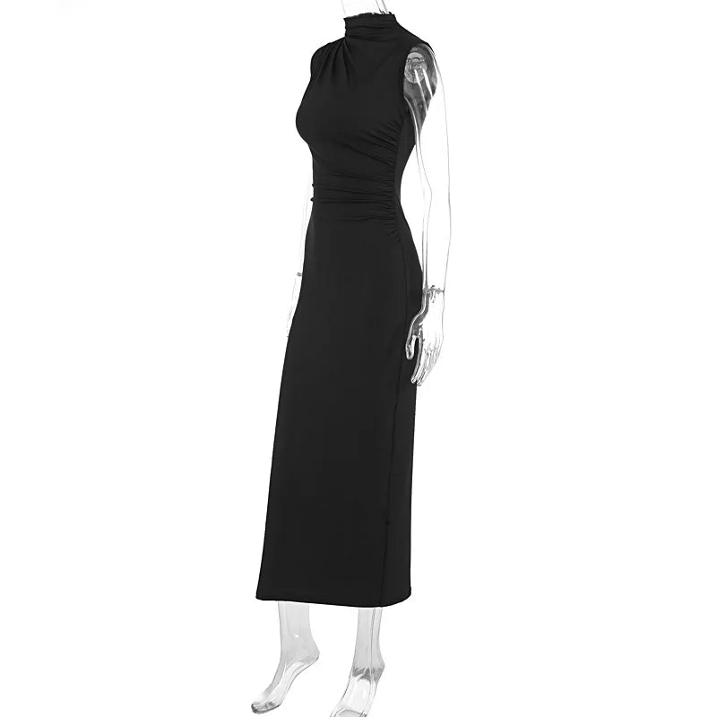 YUZHEXI elegant sleeveless ruched midi dress women commuter bodycon solid color robe black red pink split clothes summer