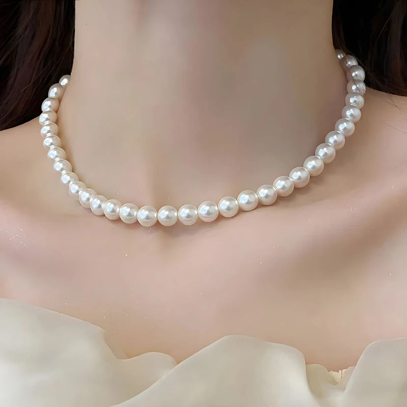 Fashion Elegant White Imitation Pearl Chokers Necklace For Women Men Wedding Banquet Necklaces Vintage Handmade Jewelry Gift