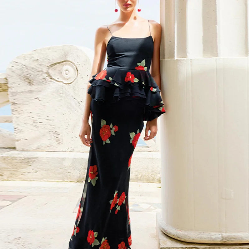 Printed Layered Pleated Top Half Skirt Women Set Sleeveless Slim Top Straight Tube Fishtail Skirts Summer Beach Vacation Suit