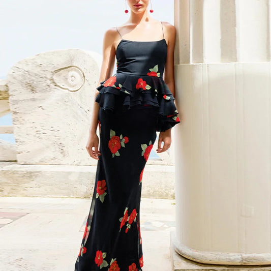 Printed Layered Pleated Top Half Skirt Women Set Sleeveless Slim Top Straight Tube Fishtail Skirts Summer Beach Vacation Suit