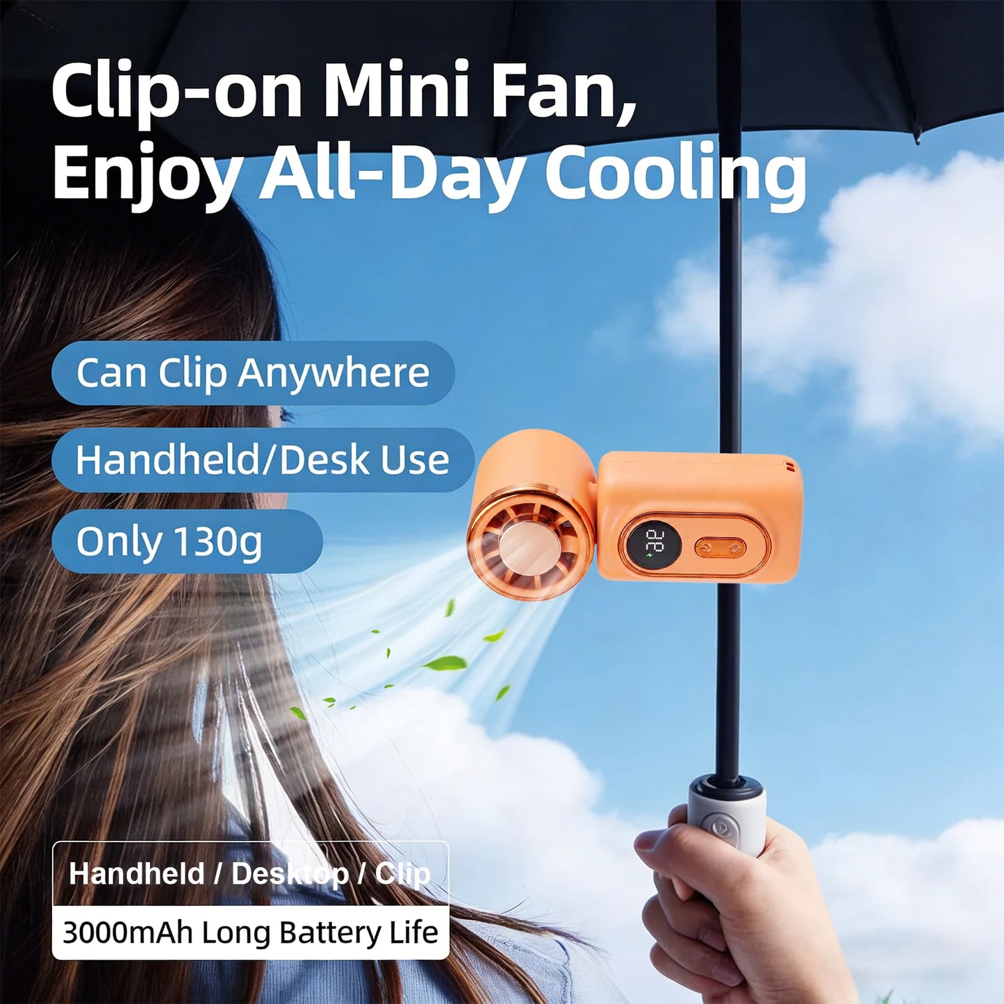 Portable Clip-On Mini Fans Adjustable 5-Speed Portable Fan with LED Display for Outdoor Travel Office Travel Accessories Gift