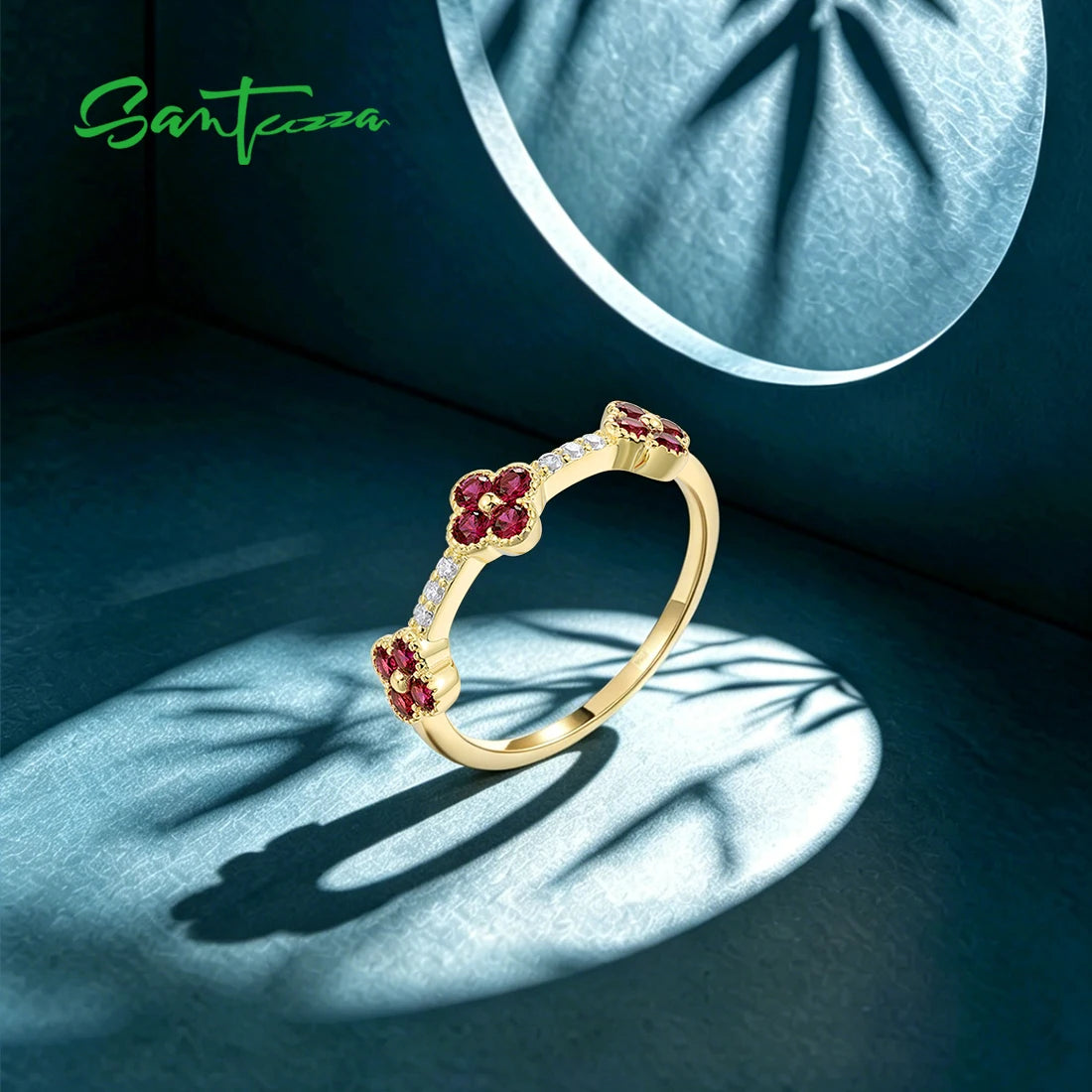 SANTUZZA 925 Sterling Silver Stackable Ring For Women Created Ruby Sapphire White CZ Delicate Flowers Wedding Gifts Fine Jewelry