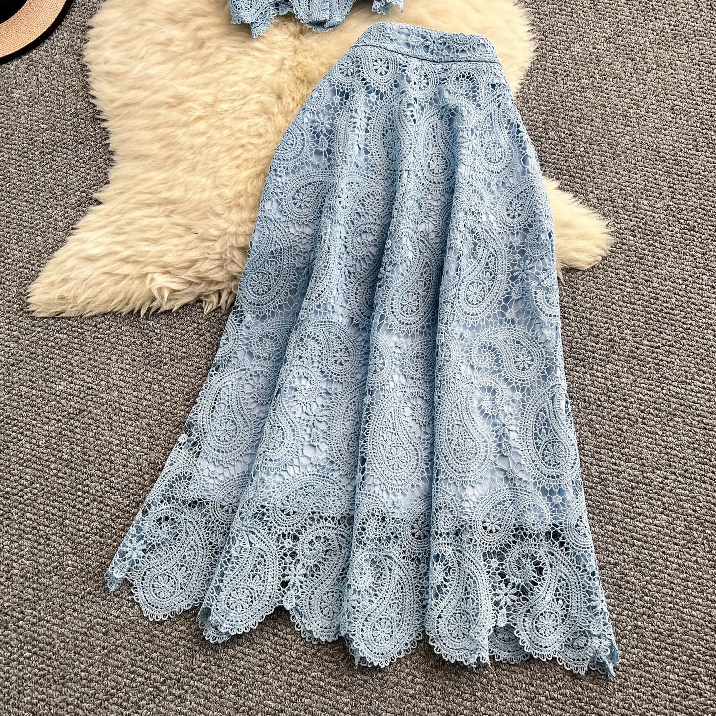Women Two Piece Sets Skirt Set Embroidery Lace Hollow Out Half Sleeve Shirt Long Skirts A Line High Waist Elegant Work Spring