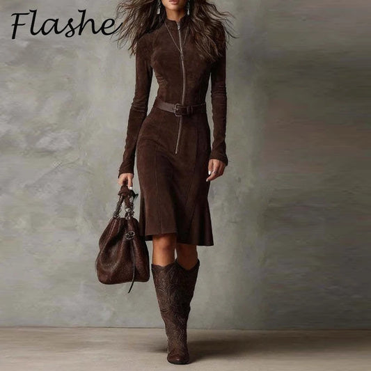 New Fashion Temperament Zipper Long Sleeve Party Dress With Belt Autumn Winter Elegant Midi Dresses For Women Office Dress