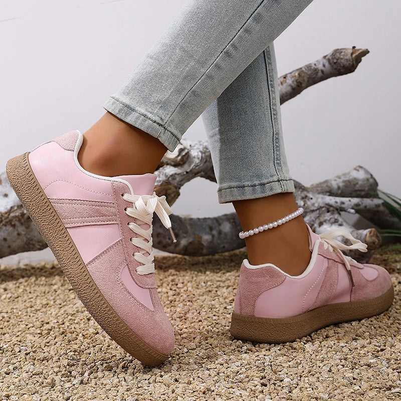 Women's Pink Thick Sole Sneakers 2026 Spring Faux Suede Platform Sport Shoes Woman Plus Size 43 Anti-slip Casual Flat Shoes