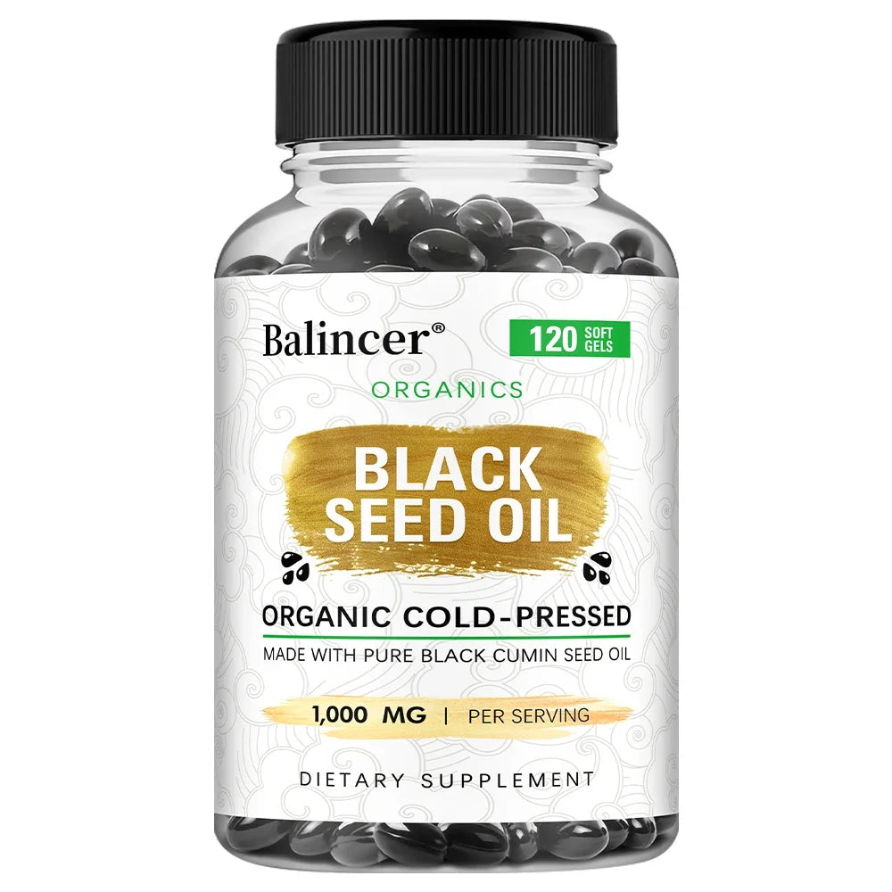 Organic Black Cumin Seed Oil 1000mg Capsules, Cold-Pressed, Immune & Hair Skin Support, Nutritive Antioxidants Non-GMO Vegan