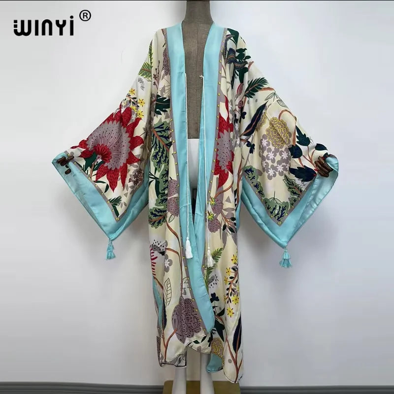 WINYI print summer maxi dress Muslim Abaya Lady beach cover up muslim woman dresses Beachwear fashion Kaftan abaya dubai luxury