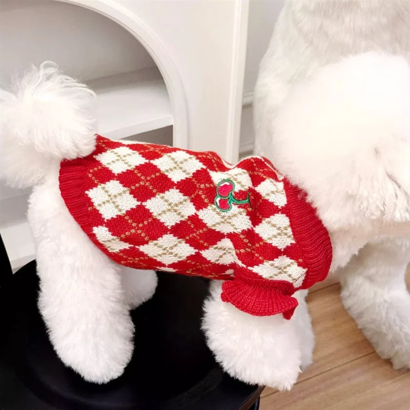 Winter Dog Knit Sweater Soft Dog Clothes Cute Plaid Puppy Sweater Cherry Print Cat Pullovers Pet Warm Turtleneck Poodle Apparel