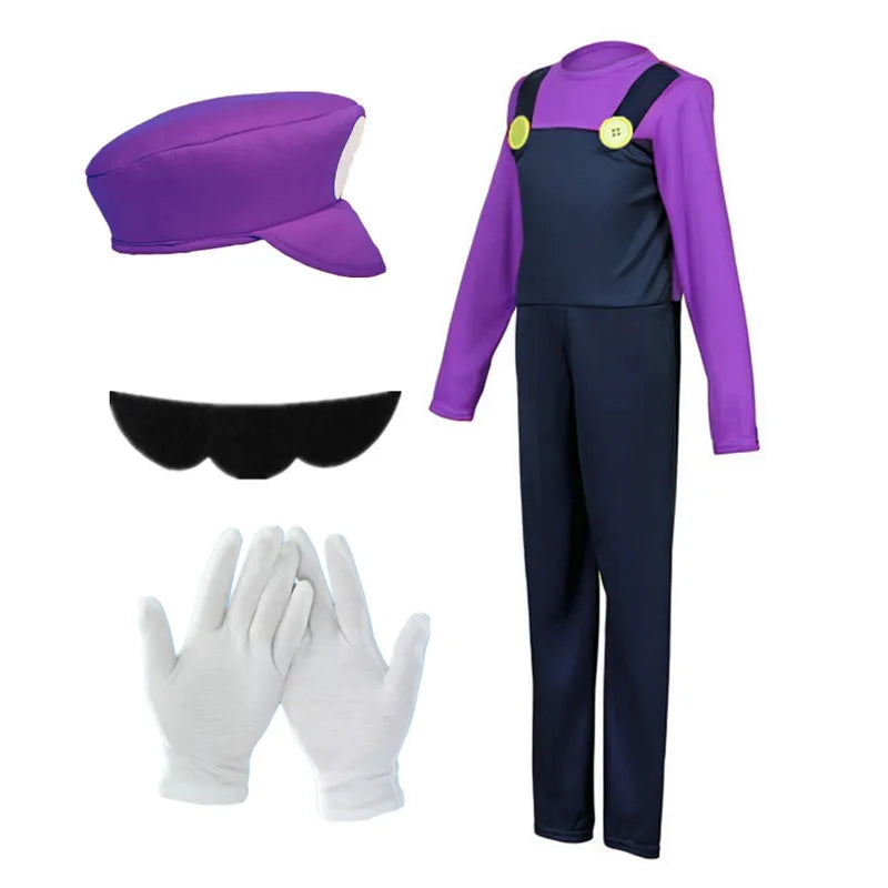 Halloween Men's Plumber Jumpsuit Roleplay Costume (Includes Hat, Gloves, Mustache Accessories) Available in Red, Yellow, Purple