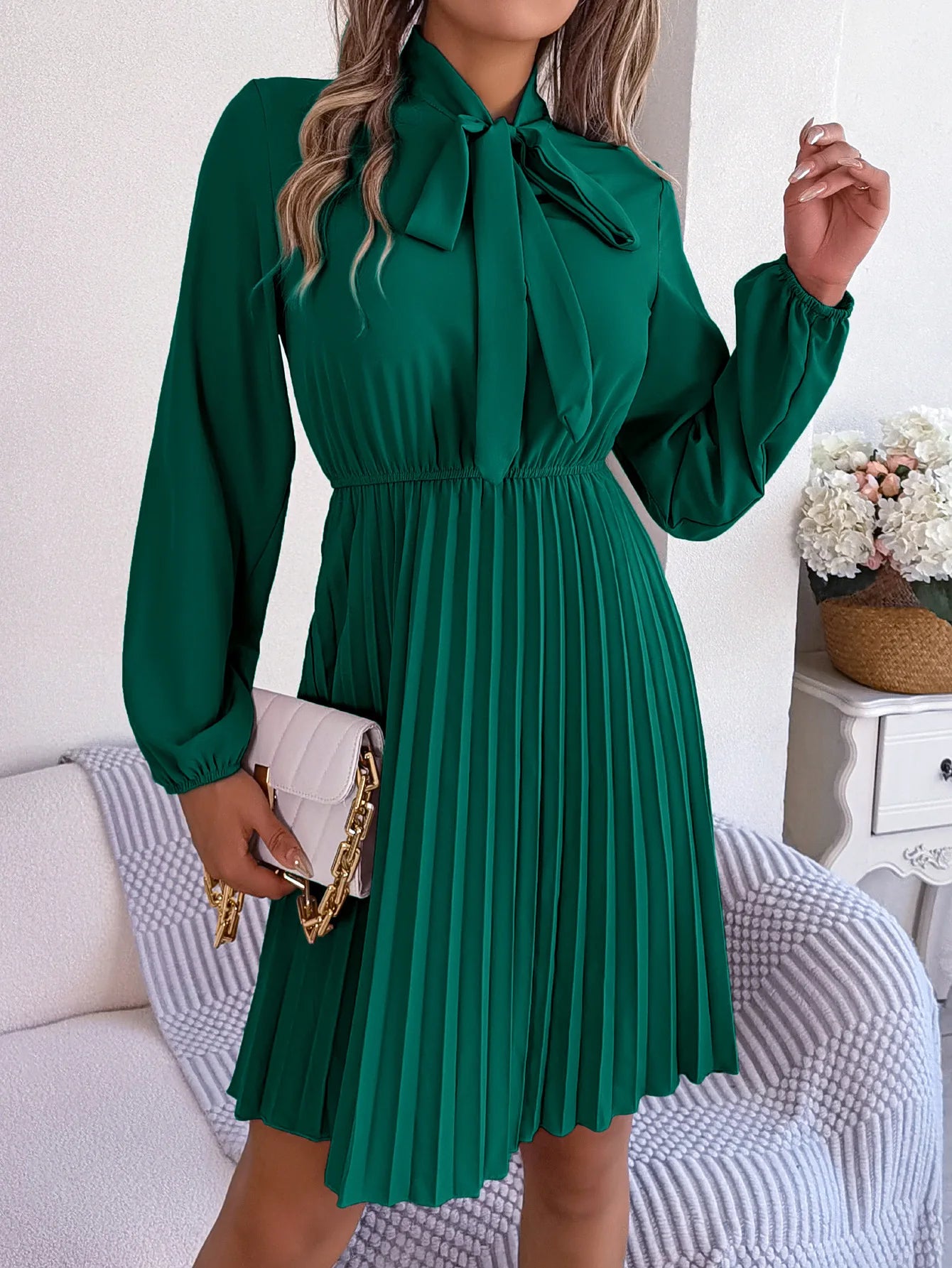 Women Fall Vacation Elegance V Neck Solid Tie Waist Ruffle Hem Pleated Midi Dress Long Sleeve Wedding Dress