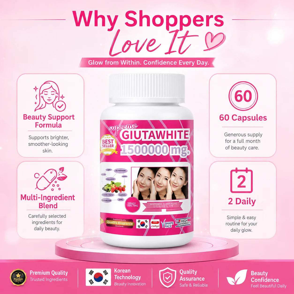 Glutathione Beauty Complex with Collagen, Vitamin C, CoQ10, Hyaluronic Acid & Biotin, Antioxidant Skin Support, 60 Capsules