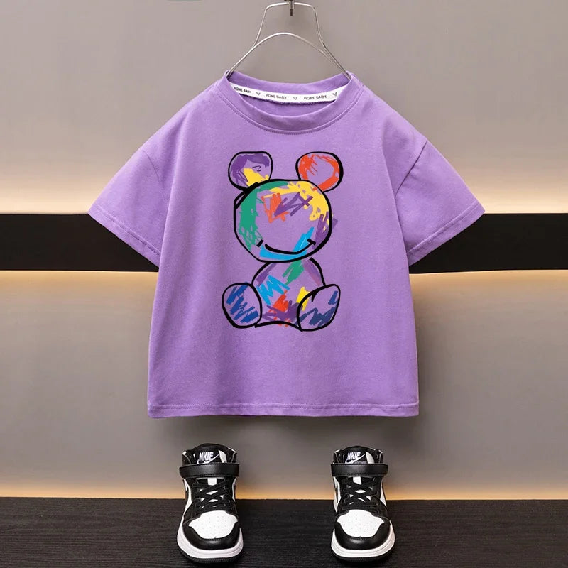 Boys Cotton T-shirt Cartoon Graffiti Bear Printed Girls Tees Summer Short Sleeve Children Tops High Quality Casual Kids Clothes