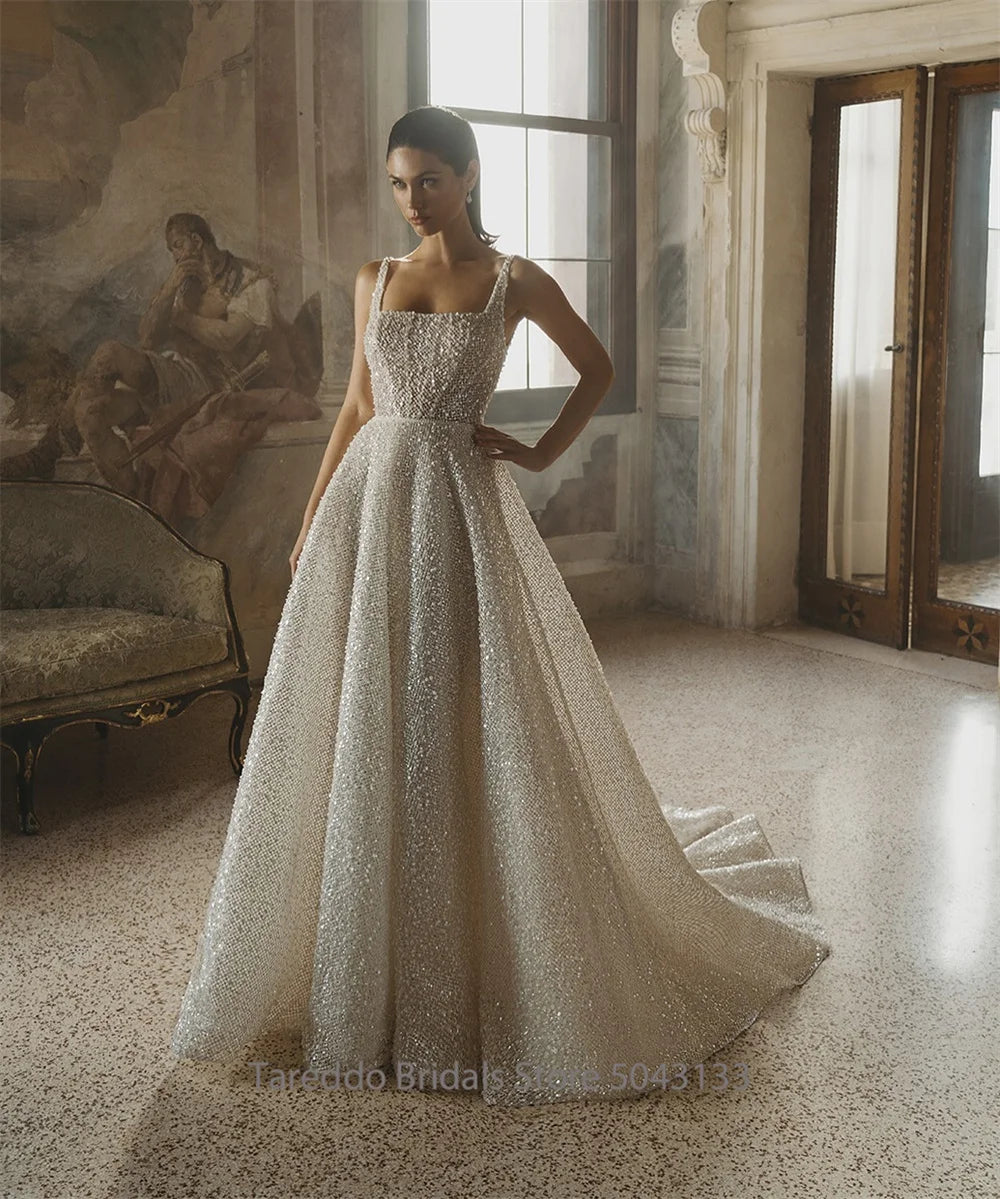 Customized Glitter Bling Bling Wedding Dress Spaghetti Straps Sequins Bridal Gown Sexy Sparkling Party Dress